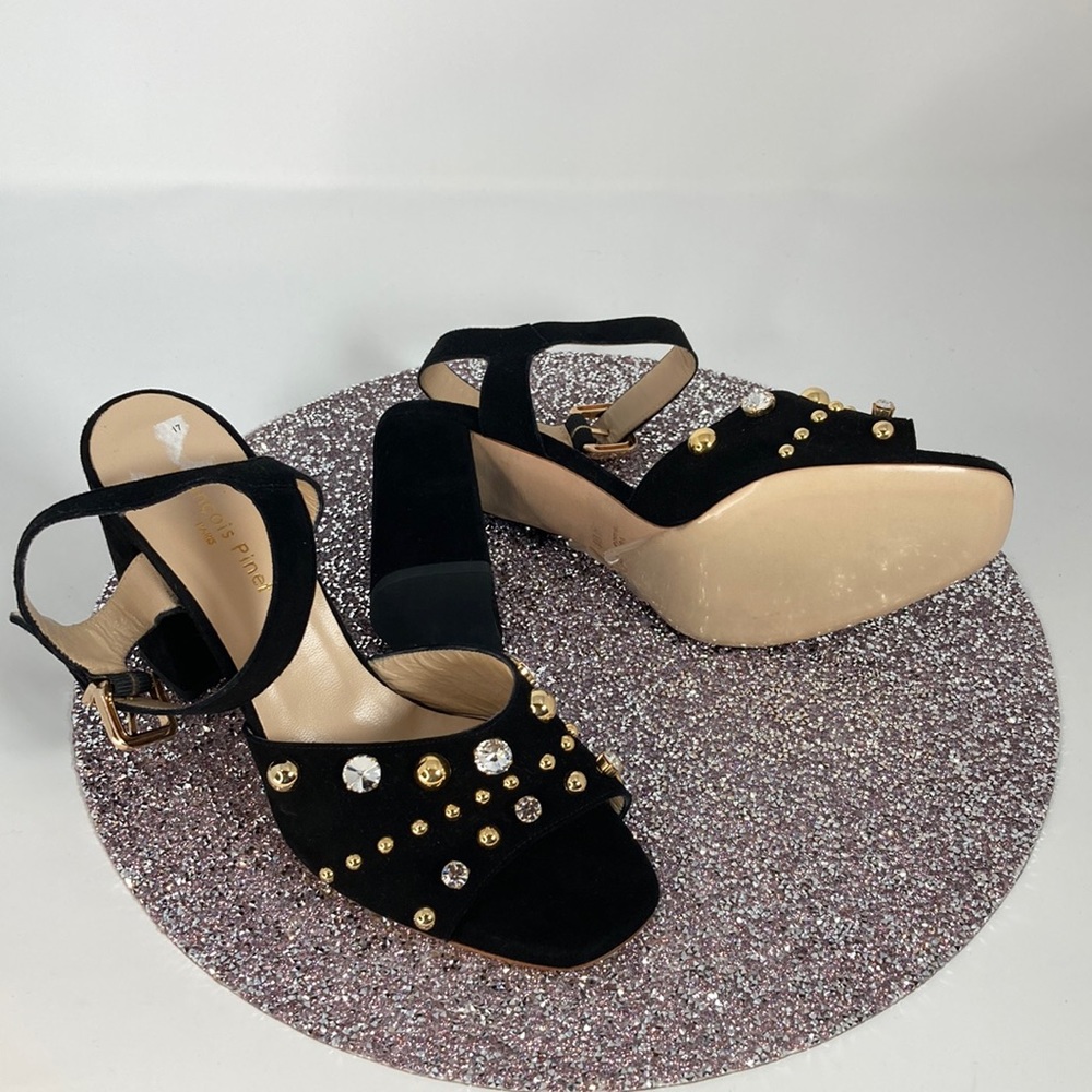 Francois Pinet black suede studded sandals with 4in block heel